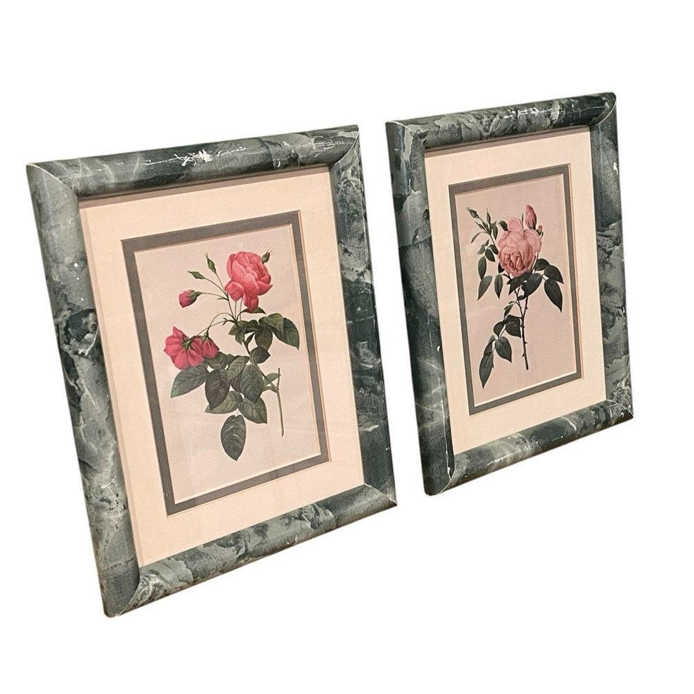 Vintage Botanical Rose Print Forest Green Marble Print Frame, Set of 2 90s Decor